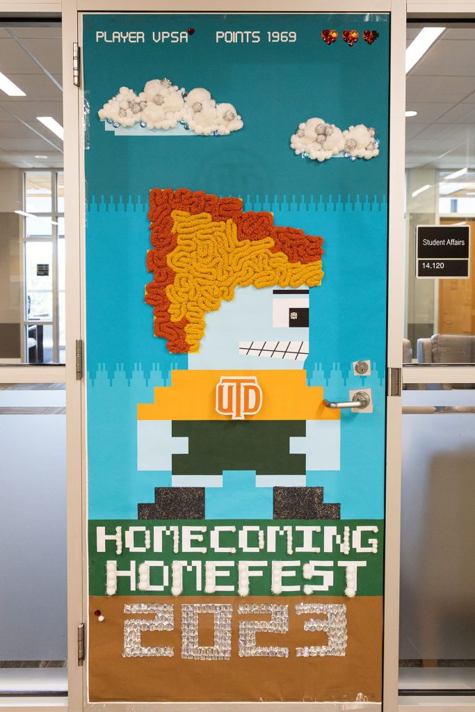 Homecoming Door Decoration - An enlarged 8-bit image of UT Dallas Mascot Temoc. SSA 14.120