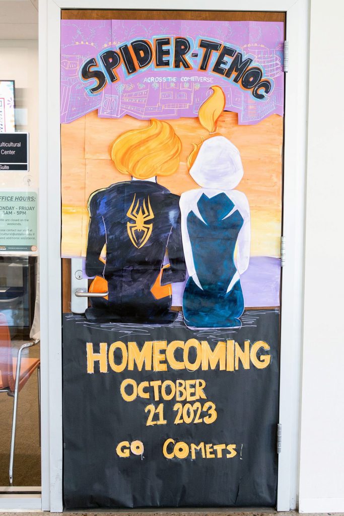 Homecoming Door Decoration: Temoc as Spiderman in a scene from 'Across the Spider-verse' with message 'Go Comets ' - SSB 2.400